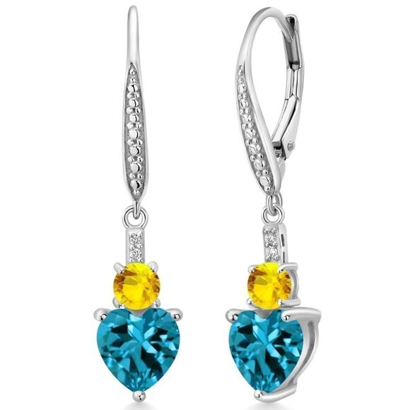 925 Sterling Silver with 3.95 Cttw Blue Topaz and Yellow Sapphire Heart Earrings
